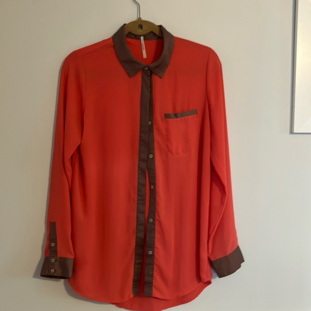 Free People Orange Coral with Brown Trimmed cuffs and collar button down